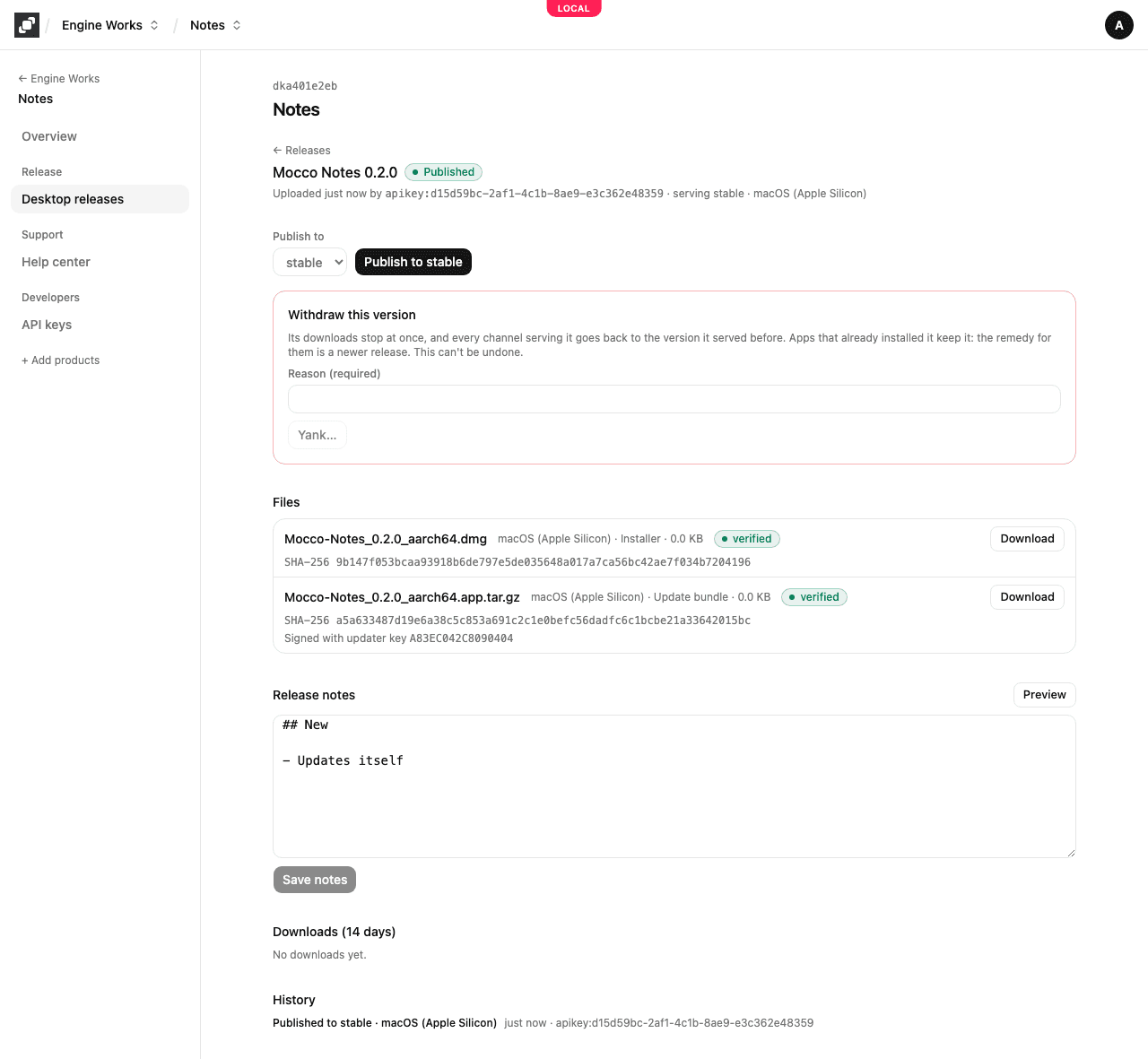 A desktop release in the console: its files, the signature key, Publish and Yank