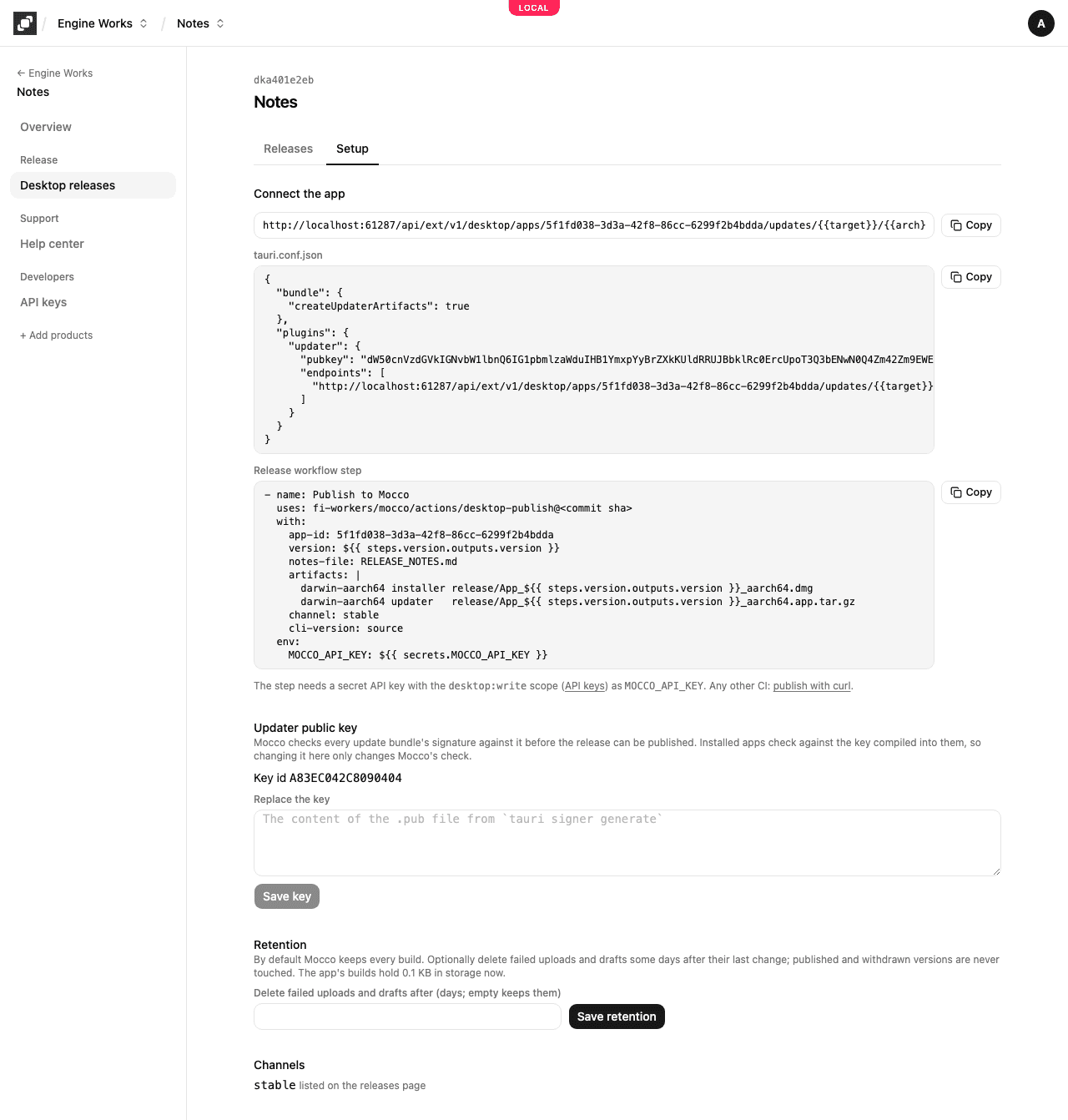 The setup of a desktop app: the updater block, the workflow step, the key and retention