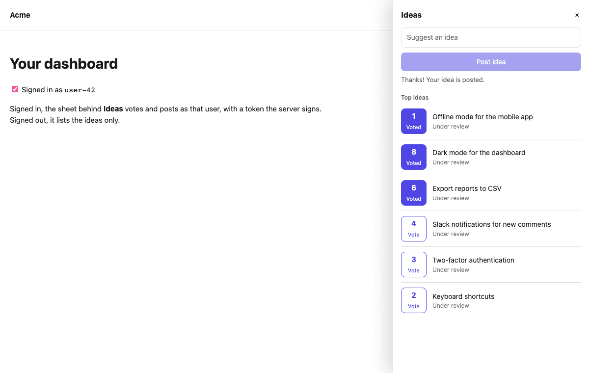 After posting: a thank-you note under the button, and the new idea at the top of the list with the author's vote