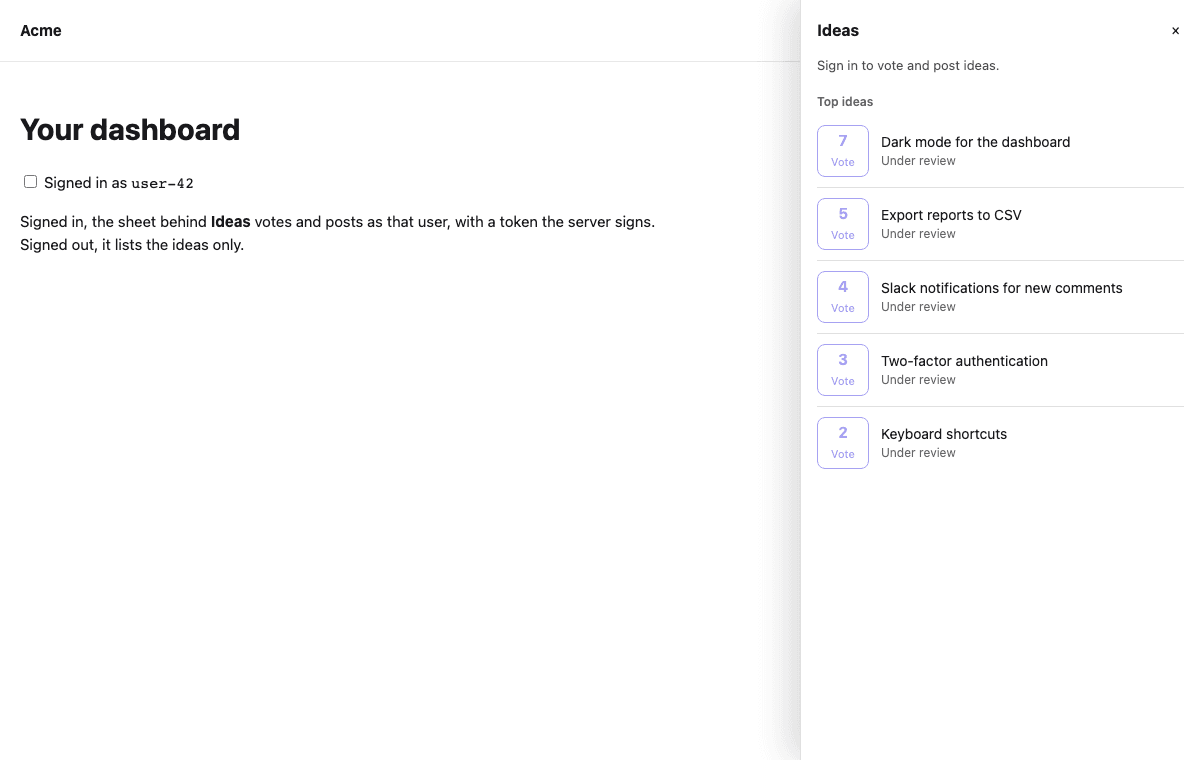 The sheet for a visitor: "Sign in to vote and post ideas." above the list, and the vote buttons turned off