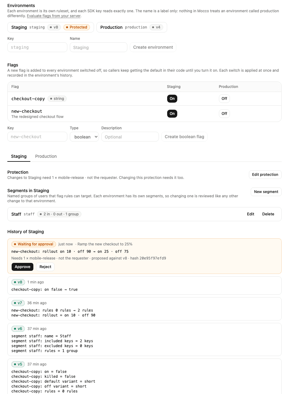 A protected Staging environment: a ramp to 25% waiting for one mobile-release approval, with its reason, diff and hash