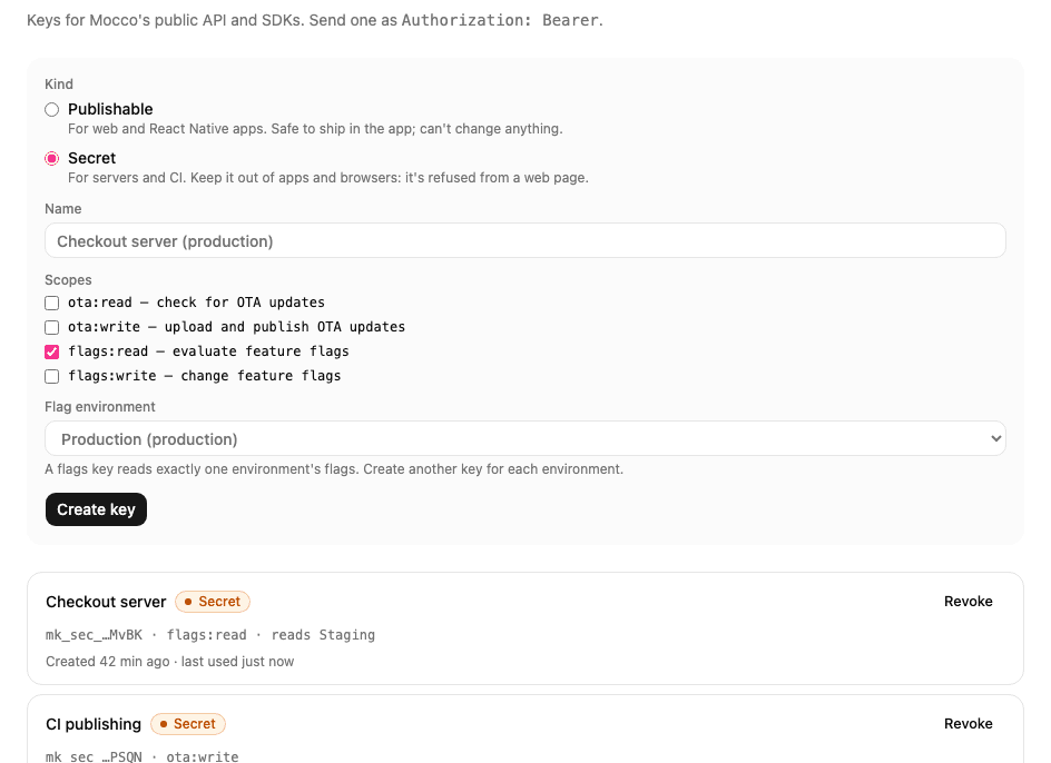 Creating a secret key with flags:read: the form asks which environment the key reads