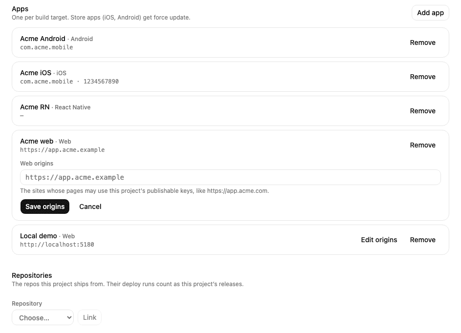 Editing a Web app's origins on the project overview