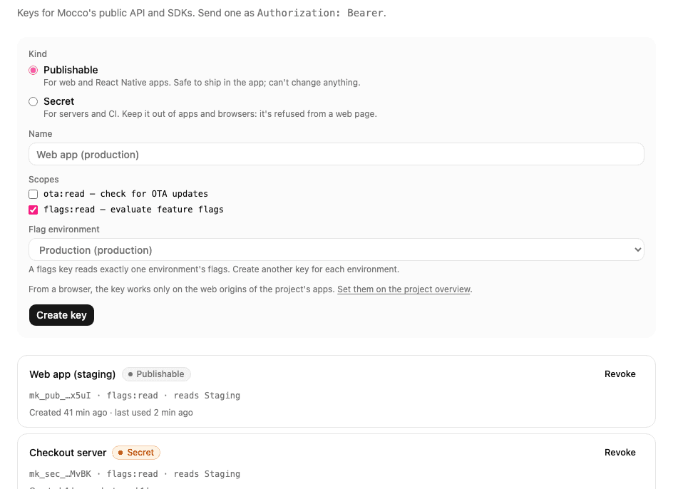 Creating a publishable flags:read key for Production