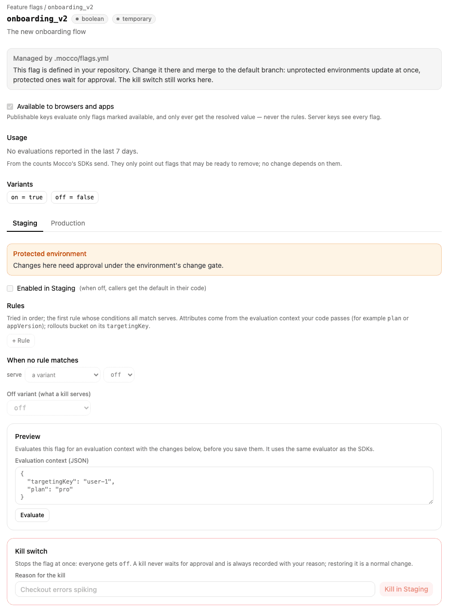 A repository flag in the console: the notice, the read-only settings, and the kill switch