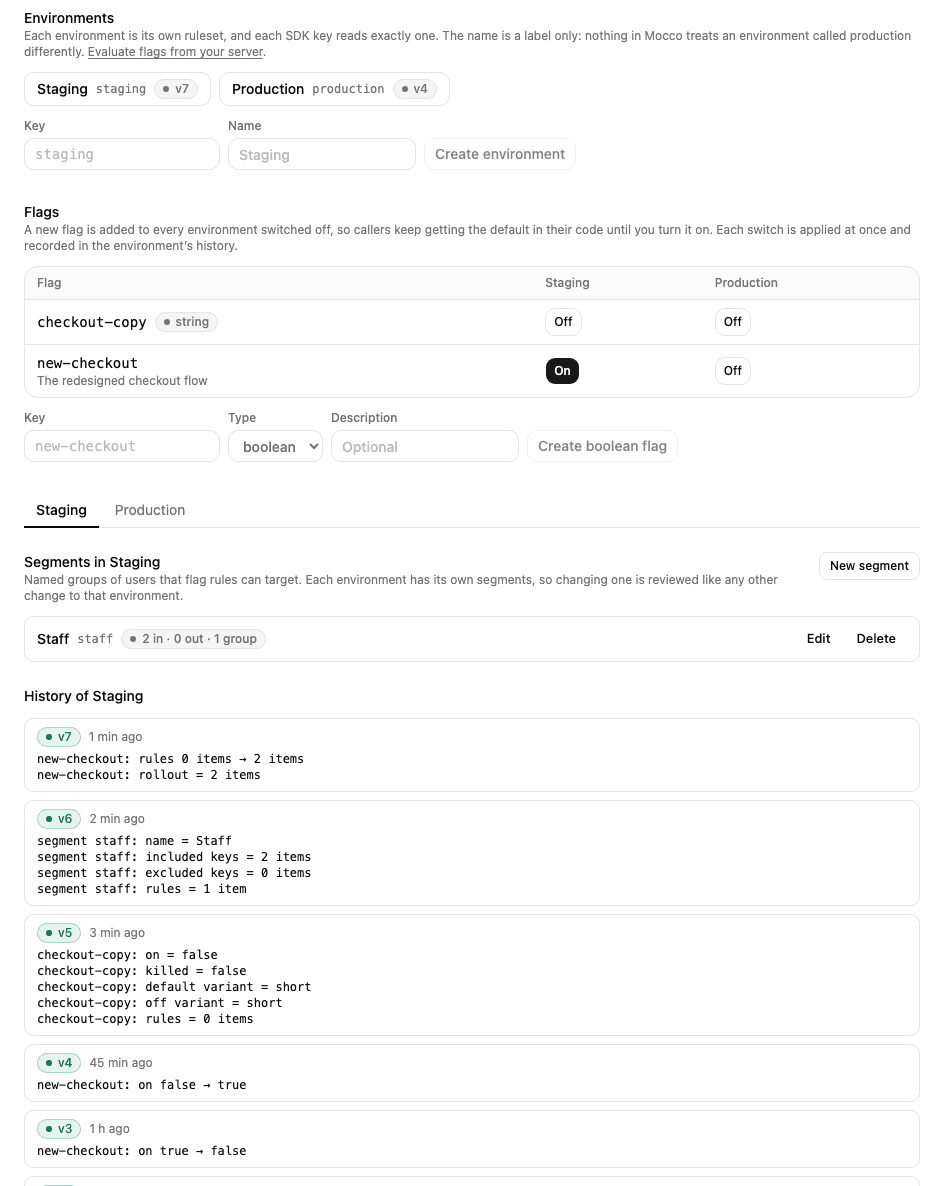 The Feature flags page: the flags in each environment, Staging's segments and its history