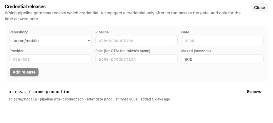 Credential releases on the Access page, with the add form open