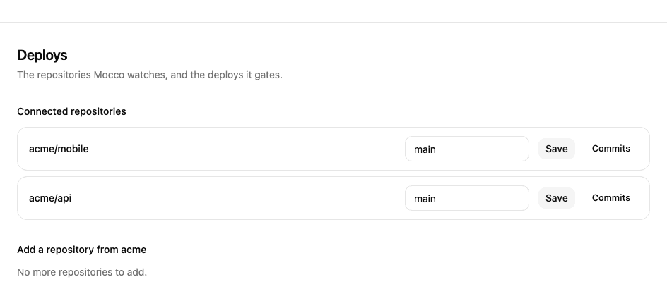 The workspace Deploys page: two connected repositories and their watched branches