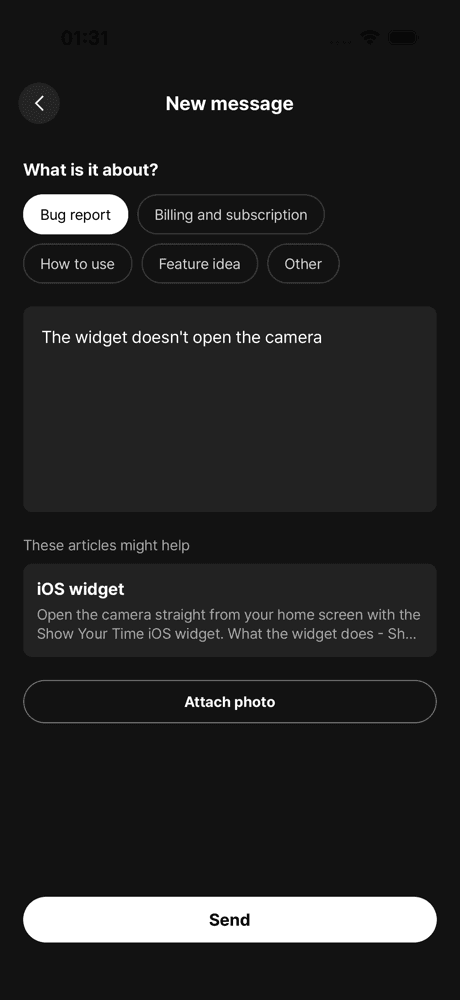 An app's new-message screen suggesting the help center's "iOS widget" article for "The widget doesn't open the camera"