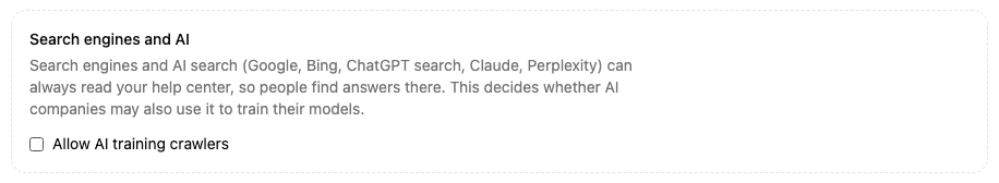 The Search engines and AI section of the Help center page, with Allow AI training crawlers cleared