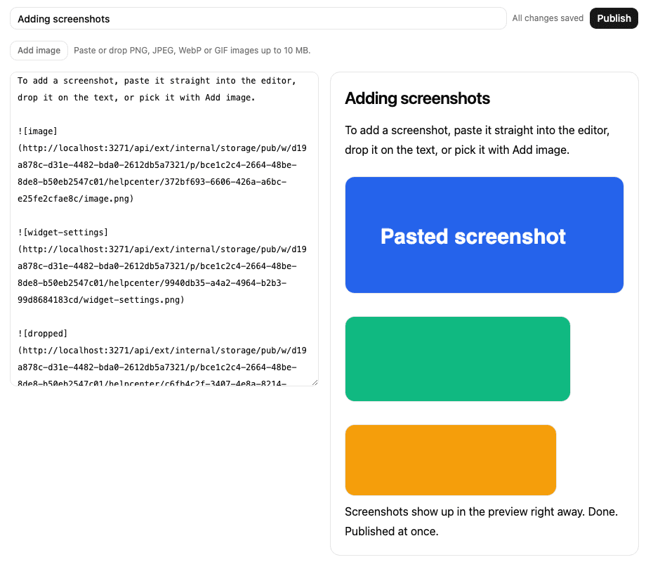 Pasting a screenshot into an article: the image's Markdown in the text and the image in the preview