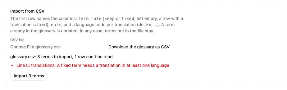 Importing a CSV: three terms ready, and line 5 refused because a fixed term needs a translation