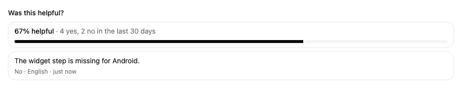 The Was this helpful? section of an article in Mocco: 67% helpful, 4 yes and 2 no, and a comment