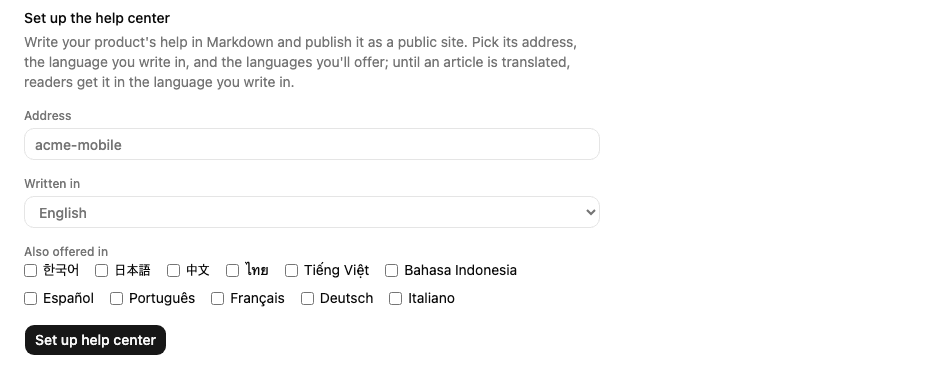 Setting up a help center: the address, the language articles are written in, and the other languages offered