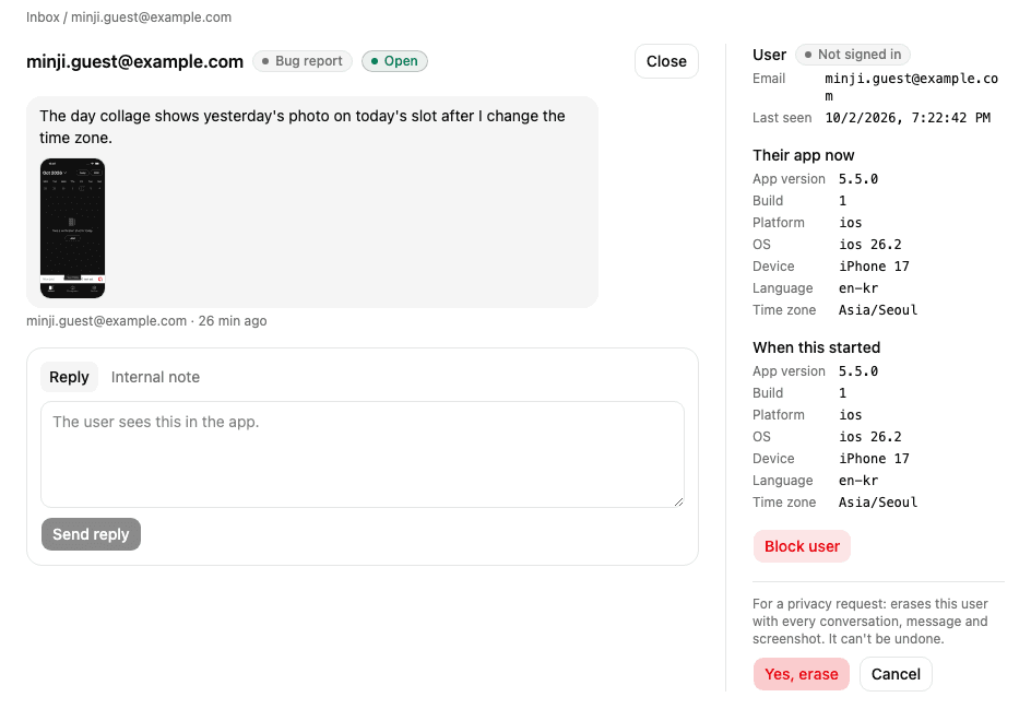 Erasing a user's data: the confirmation in the side panel