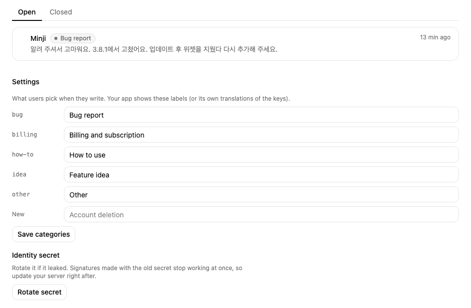 The inbox: one open conversation from Minji, a bug report