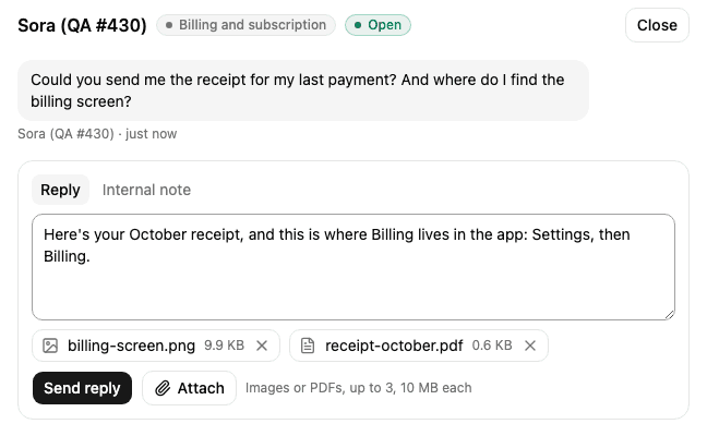 Attaching a screenshot and a PDF receipt to a reply