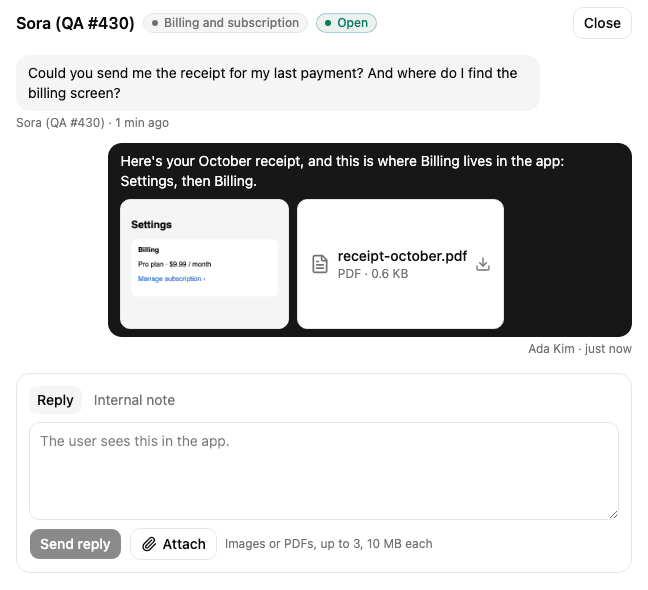 The sent reply with its screenshot and PDF
