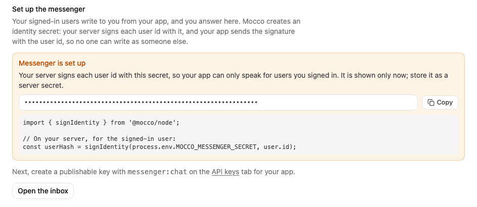 Setting up the messenger: the identity secret, shown once, and how your server signs a user id
