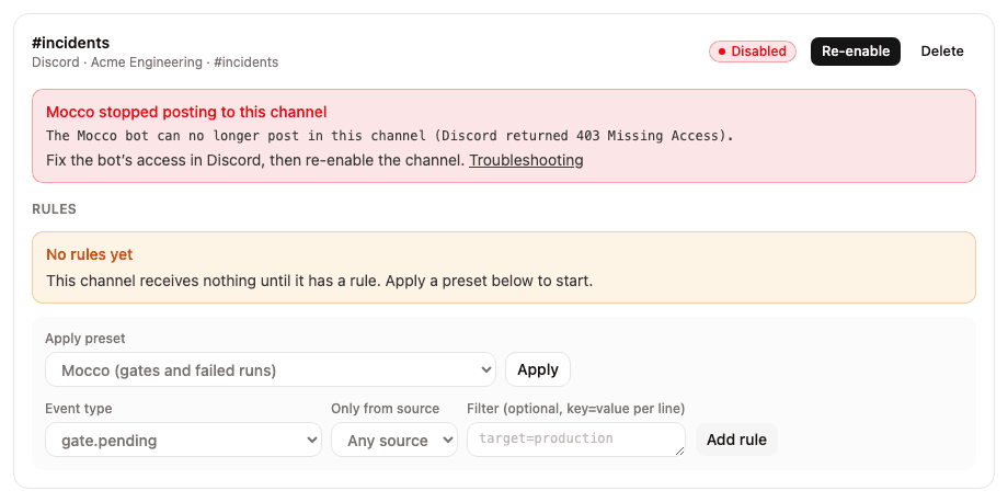 A disabled channel with its reason and the Re-enable button