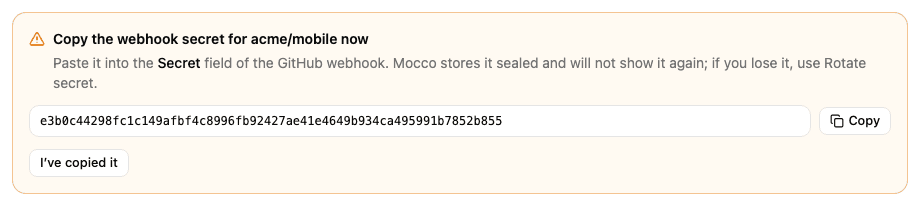The one-time GitHub secret after creating the source