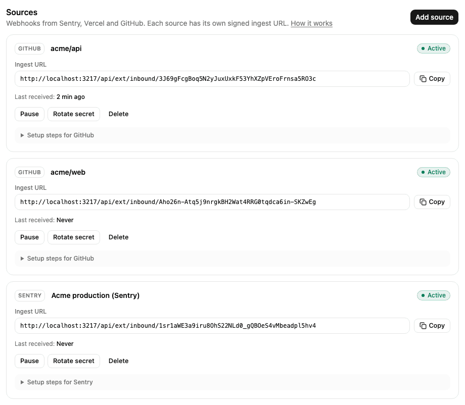 The Sources tab: each source with its ingest URL, last received time and actions
