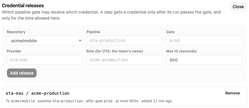 Credential releases on the Access page, with the add form open