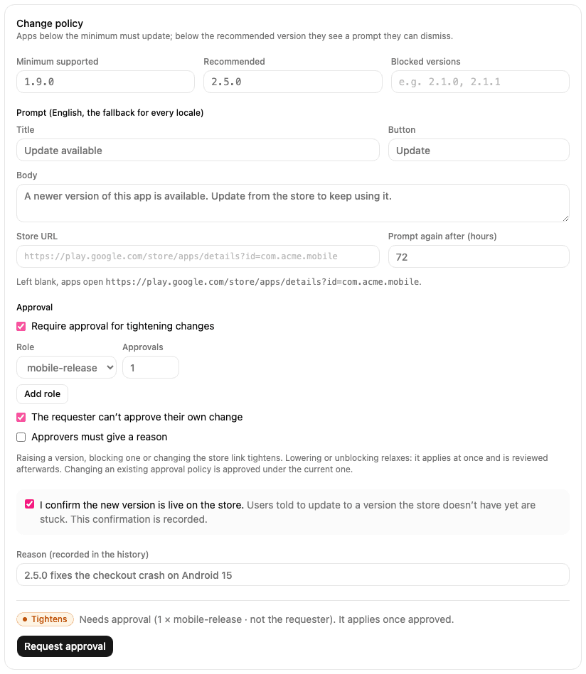 The change form with a raised recommended version, the store confirmation and the Tightens label