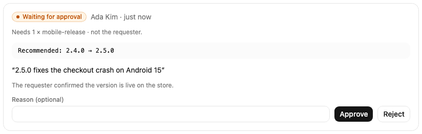 A request waiting for approval, showing the change, the reason and the Approve and Reject buttons