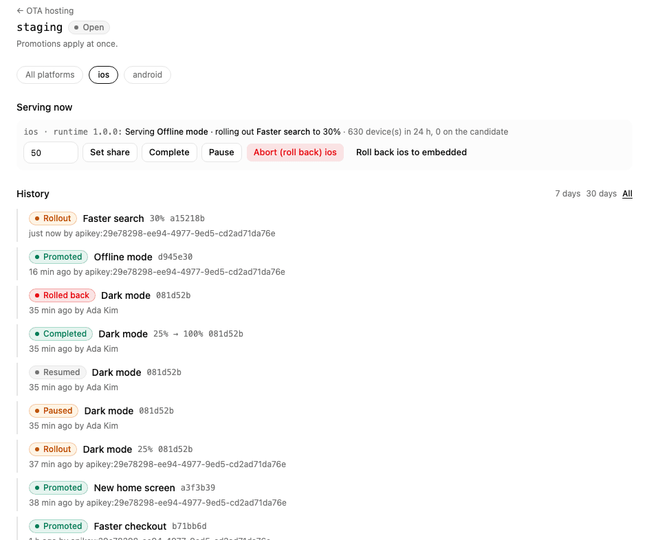 A channel page: a 30% rollout with its controls, and the channel's history