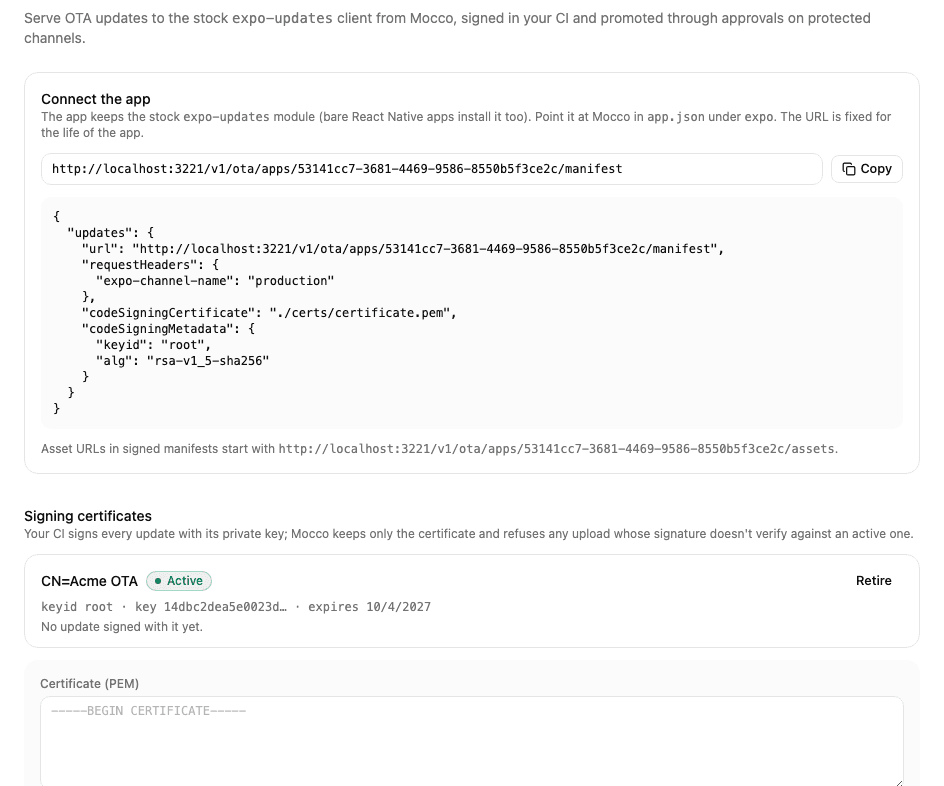 OTA updates, Hosted by Mocco: the manifest URL with the app.json block, and an active signing certificate