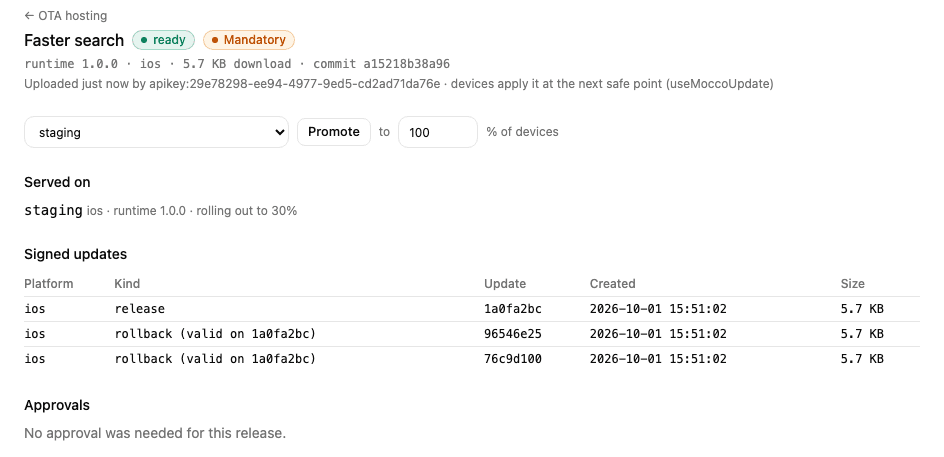 A release page: served on staging at 30%, its signed updates and approvals