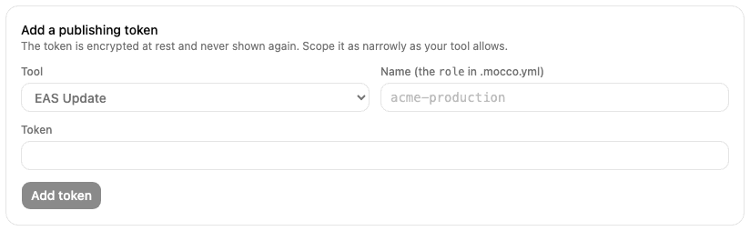 The Add a publishing token form