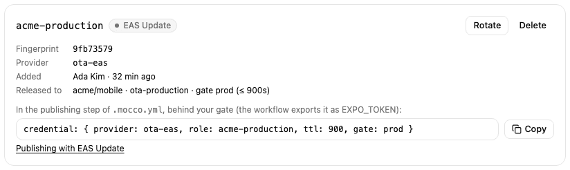 A token card with its fingerprint, provider, the pipeline it is released to, and the .mocco.yml line