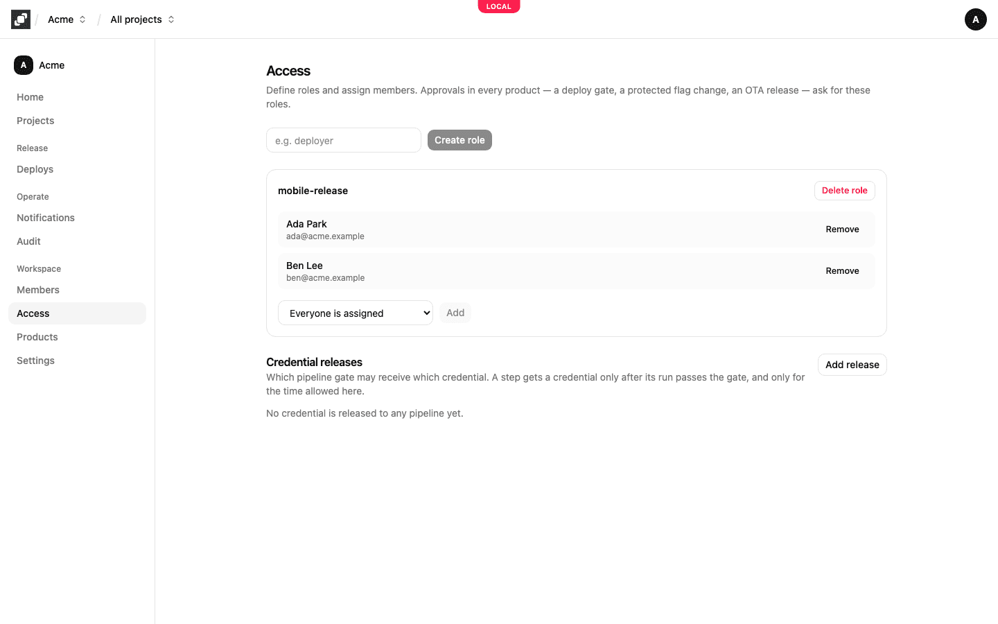 The Access page: the mobile-release role with two members, and the credential releases below