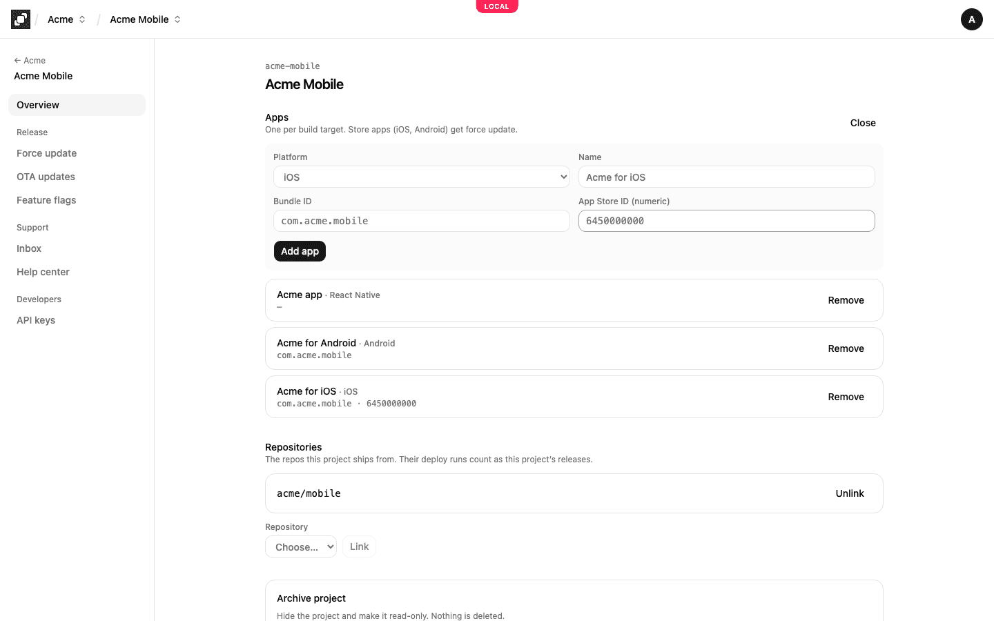 Adding an iOS app on the project Overview page