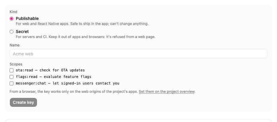 Creating a publishable key: only client scopes are offered, and a note about web origins