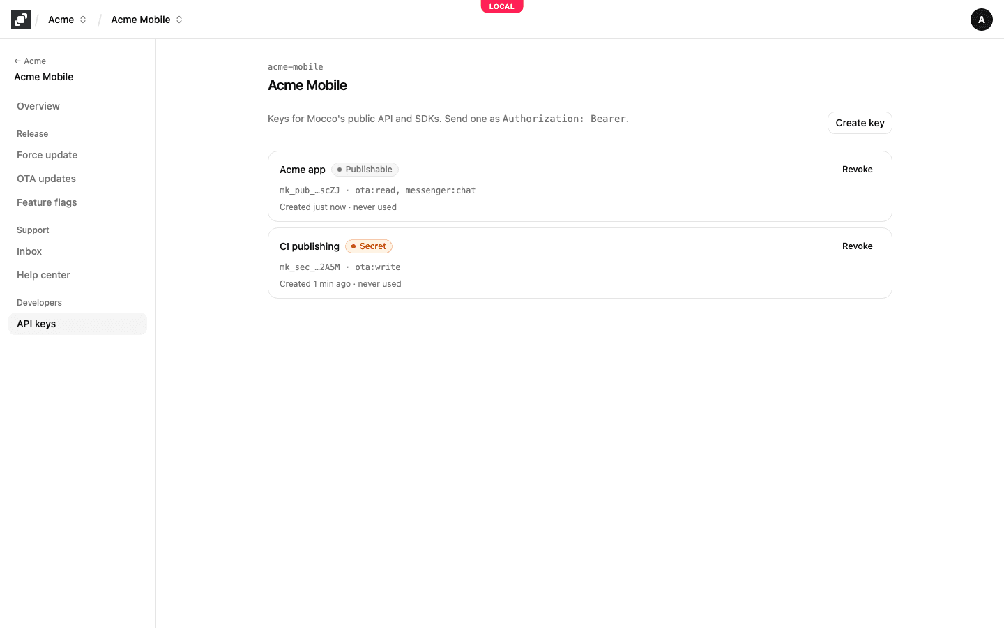 The API keys page: publishable and secret keys, each with its hint, scopes and last use