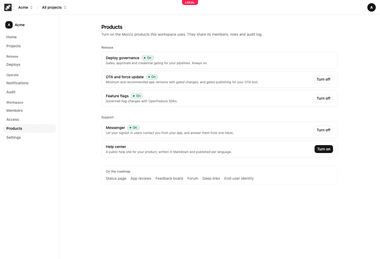The Products page: products grouped under Release and Support, deploy governance always on, the others with Turn on and Turn off, and the ones still to come listed under On the roadmap