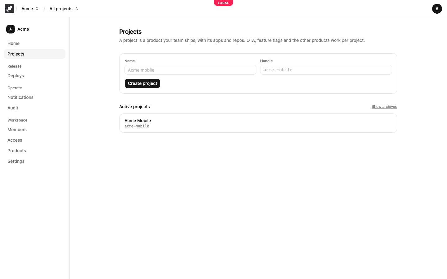 The Projects page: the new-project form and the active projects