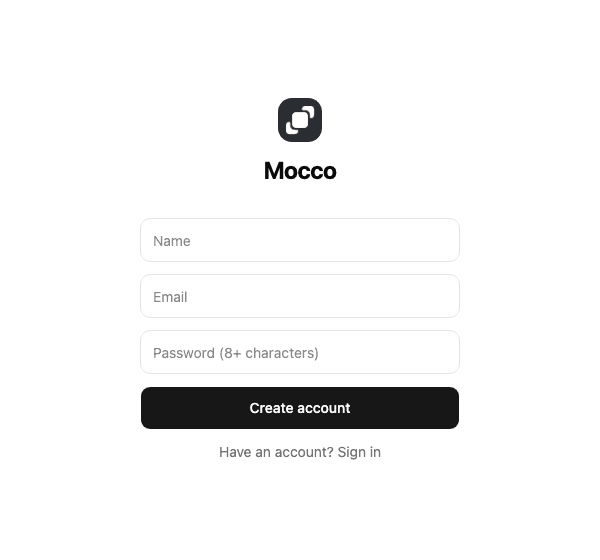 The sign-up form: name, email, password and Create account