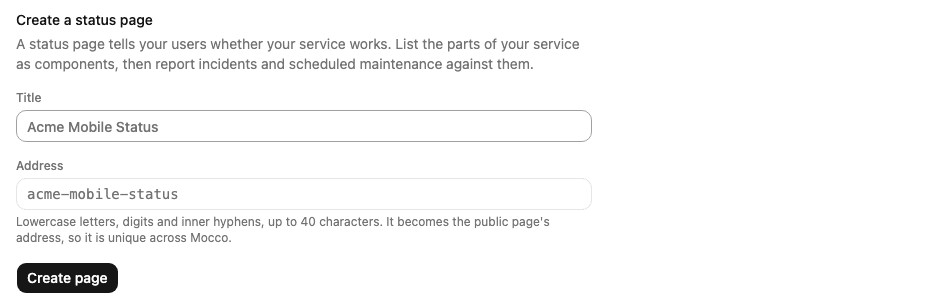 Creating a status page: a title and its address