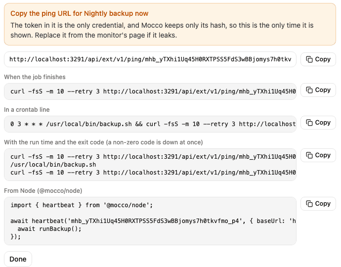 The ping URL shown once, with curl, crontab and Node snippets