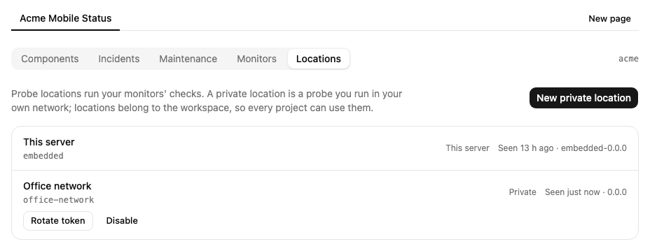 The workspace's locations: the private one seen just now