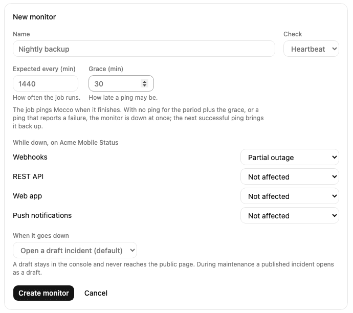 A new heartbeat monitor for a daily backup, expected every 1440 minutes with 30 minutes of grace