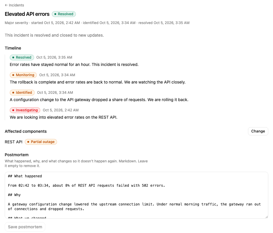 A resolved incident with its full timeline and postmortem