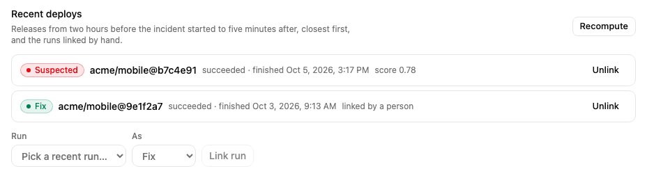 Recent deploys: a suspected release with its score and a run linked by hand as the fix