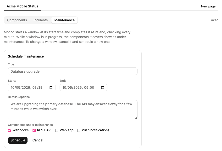 Scheduling a maintenance window for the API components