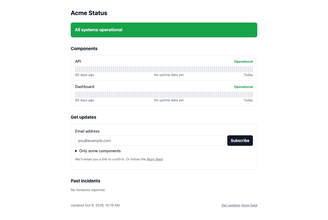 The public status page with its Get updates form under the components